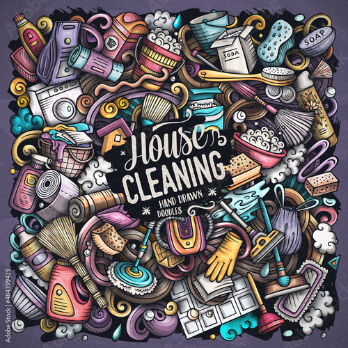 Cleaning hand drawn vector doodles funny illustration.