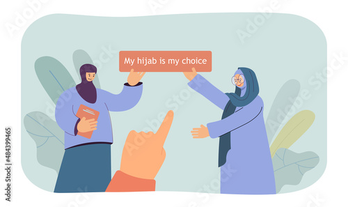 Beautiful smiling women in hijab flat vector illustration. Girls defending right to wear Muslim headdress. Society, tradition concept for banner, website design or landing web page