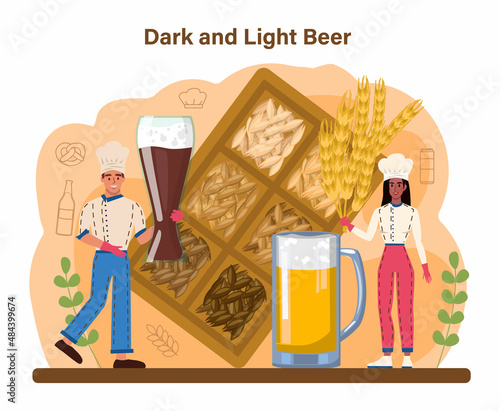 Beer concept. Glass bottle and vintage mug with dark or light, filtered