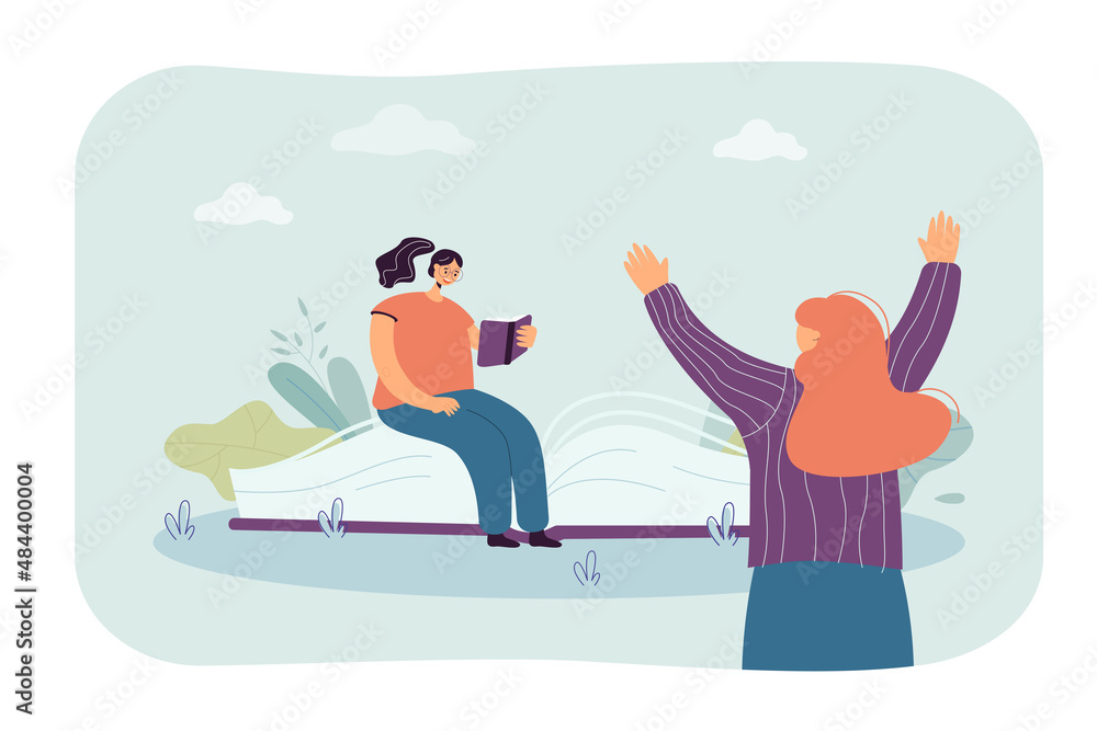 Back view of friend greeting tiny reader sitting on huge book. Girl reading novel or poetry flat vector illustration. Literature, education, leisure concept for banner or landing web page Back view of friend greeting tiny reader sitting on huge book. Girl reading novel or poetry flat vector illustration. Literature, education, leisure concept for banner or landing web page