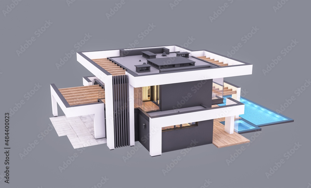 3d rendering of modern cozy house with pool and parking for sale or rent in luxurious style. In the evening. Isolated on gray 3d rendering of modern cozy house with pool and parking for sale or rent in luxurious style. In the evening. Isolated on gray