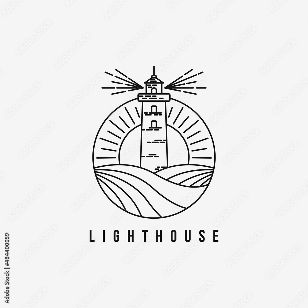 Lighthouse badge line art logo outline design vector vintage illustration Lighthouse badge line art logo outline design vector vintage illustration