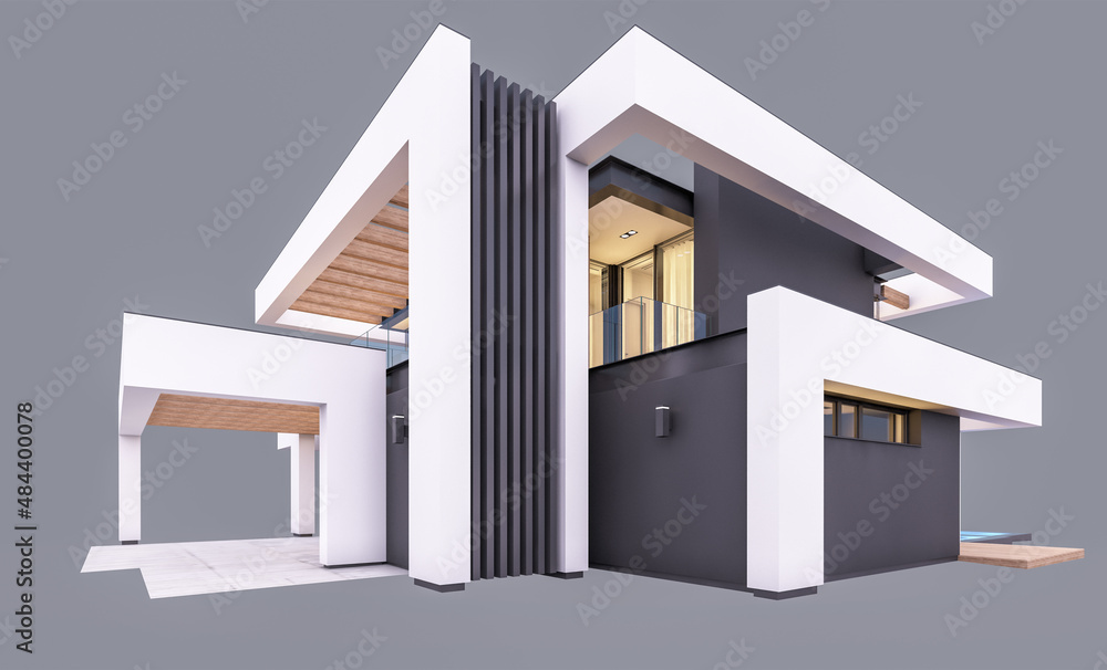 3d rendering of modern cozy house with pool and parking for sale or rent in luxurious style. In the evening. Isolated on gray