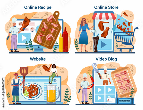 Buffalo wings online service or platform set. Chicken wings cooking