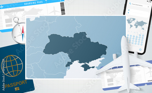 Journey to Ukraine, illustration with a map of Ukraine. Background with airplane, cell phone, passport, compass and tickets.