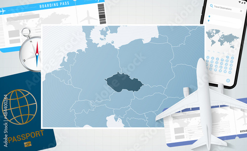 Journey to Czech Republic, illustration with a map of Czech Republic. Background with airplane, cell phone, passport, compass and tickets.
