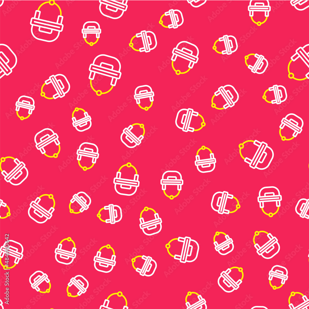 Line Hockey helmet icon isolated seamless pattern on red background. Vector