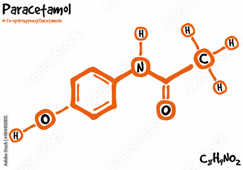 Large and detailed isolated drawn molecule and formular of Paracetamol.