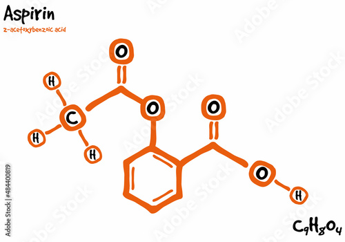 Large and detailed isolated drawn molecule and formular of Aspirin.