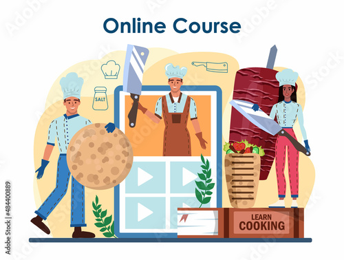 Shawarma maker online service or platform. Chef cooking delicious street