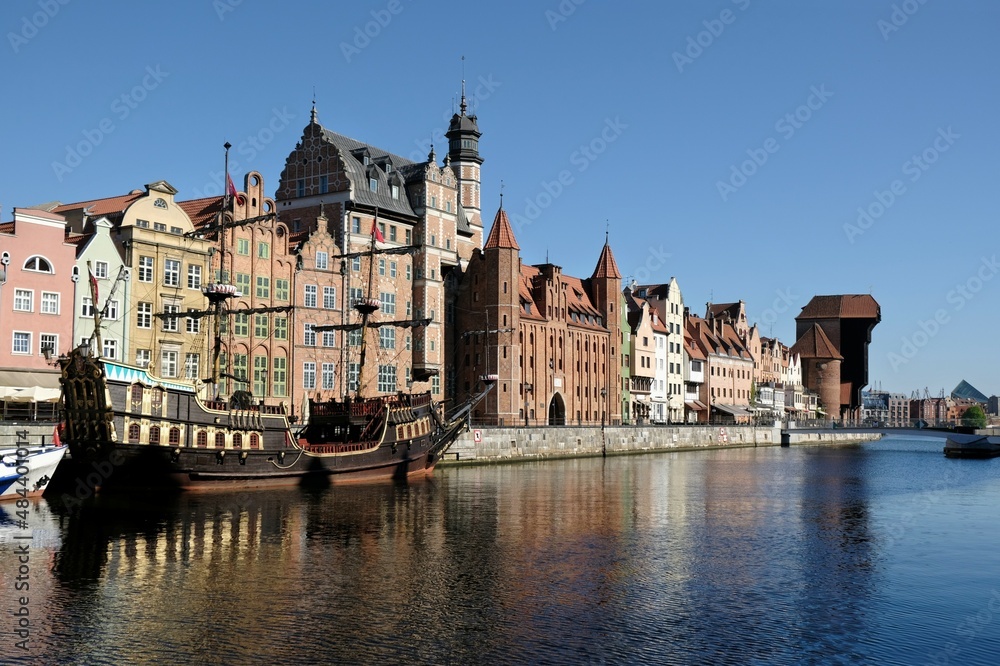 Panorama of Old Town in Gdansk and Motlawa river with ships.