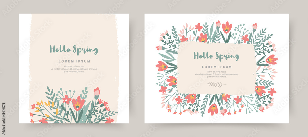 Hello spring. Template of cute spring greeting cards. Floral frames of hand drawn flowers. Vector backgrounds for banner, cover, flyer, invitation, poster, brochure, discount coupon - obrazy, fototapety, plakaty 