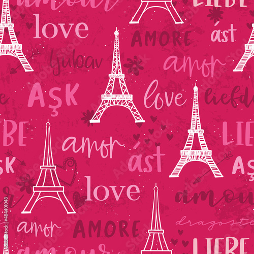 Romantic hand drawn Eiffel Tower seamless pattern, great Valentine's Day background with doodle hearts and flowers, great for textiles, banners, wallpapers, wrapping - vector design