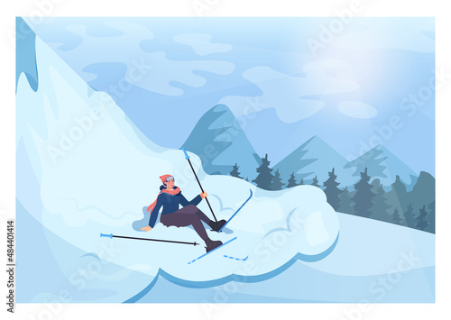 Woman in a snowdrift. Skier fell down from a slope. Ski newbie failure.