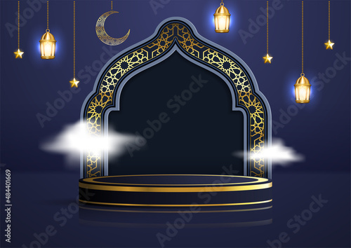Realistic 3d Islamic celebration with Arabic ornament and product podium. Ramadan Kareem illustration for advertising, sales, and marketing in dark blue background design