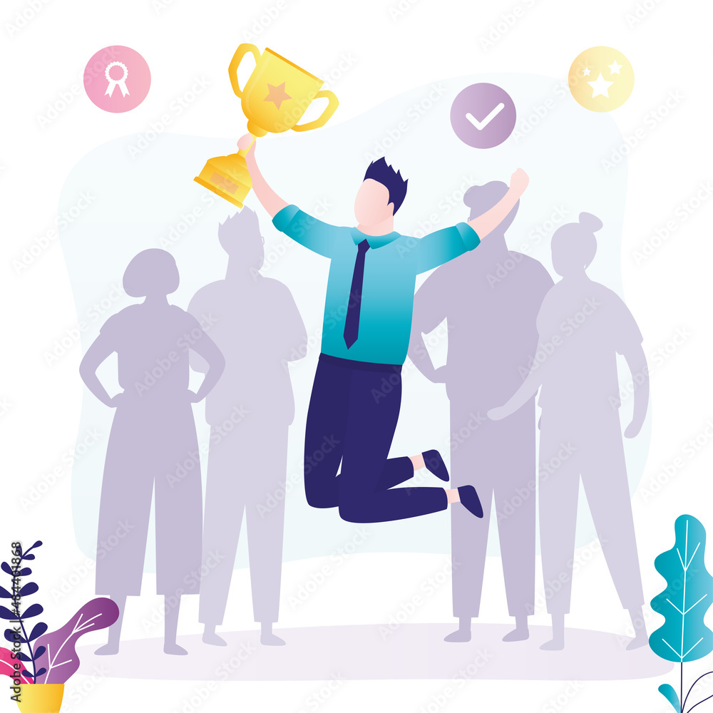 Happy male manager or employee in jump. Businessman holds winner cup. First place, best worker. Award ceremony. Handsome man with reward. Various people silhouettes on background. Happy male manager or employee in jump. Businessman holds winner cup. First place, best worker. Award ceremony. Handsome man with reward. Various people silhouettes on background.