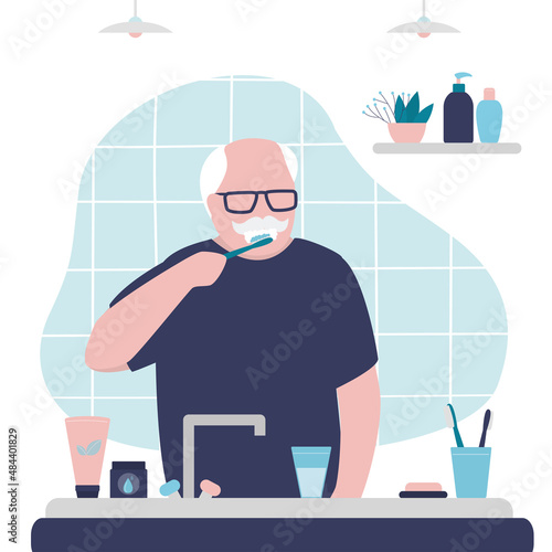 Old man brushing teeth in bathroom. Male character uses toothbrush. Grandfather monitors oral hygiene. Restroom interior design. Dental procedures. Everyday routine.