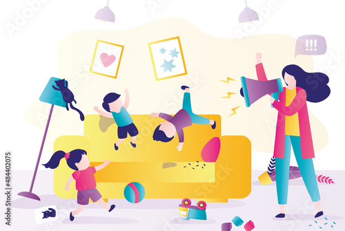Angry mother tries to calm mischievous children. Kids playing make mess in room. Parent screams at naughty boys and girl. Hyperactivity problem concept. Mom restores discipline.