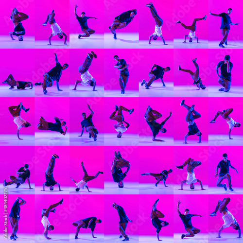 Poster with dancing man, break dancer in action, motion in modern clothes isolated over bright magenta background at dance hall in neon light.