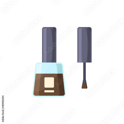 Brown nail polish transparent bottle with brush vector flat illustration. Nails varnish enamel colorful manicure salon decorative design isolated. Glossy makeup pedicure fingernail fashion accessory