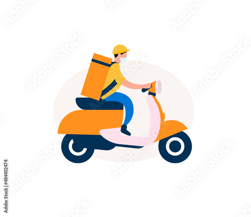 Food delivery man on an electric scooter. Courier with eat bag on moped. Graphic for delivery service. Vector illustration.