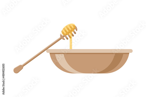 Honey mask oil beauty product with spoon and bowl vector flat illustration. Fresh natural organic essence for spa care face body skin vitamin procedure isolated. Healthcare cosmetic therapy treatment