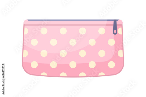 Pink cosmetic bag polka dots ornament with zipper vector flat illustration. Tissue container for makeup and beauty tools carrying storage. Fabric pouch with zip for toiletry, soap body care product
