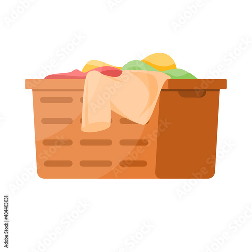 Laundry basket full of dirty clean clothes ready to washing isometric vector illustration. Pile of fabric clothing daily routine household chore. Heap linen hygiene service box with cotton material