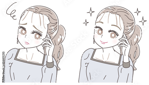 ヘアラインの丸み おでこの産毛を気にする女性のイラスト