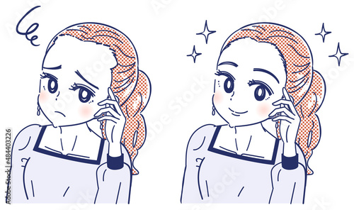 ヘアラインの丸み おでこの産毛を気にする女性のイラスト