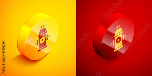 Isometric Fire hydrant icon isolated on orange and red background. Circle button. Vector