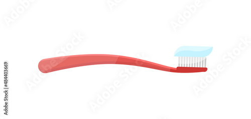 Red toothbrush with toothpaste on bristle vector flat illustration. Plastic tool for daily oral hygiene cleaning teeth and tongue isolated. Everyday routine mouth cavity antibacterial clean