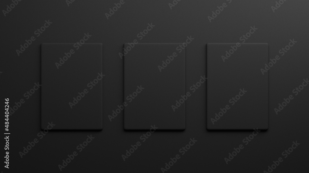 Three black posters hanging on the wall. Modern gallery mockup. 3d render image. Three black posters hanging on the wall. Modern gallery mockup. 3d render image.