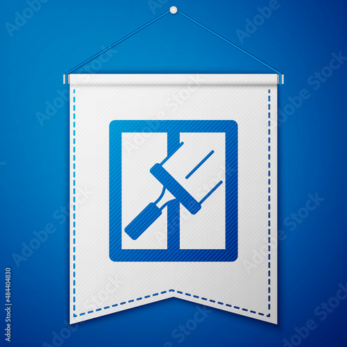 Blue Cleaning service with of rubber cleaner for windows icon isolated on blue background. Squeegee, scraper, wiper. White pennant template. Vector