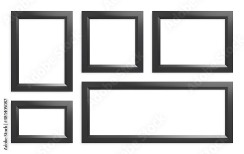 Realistic black pictures or photo frames. Vector horizontal and vertical frame mockup.