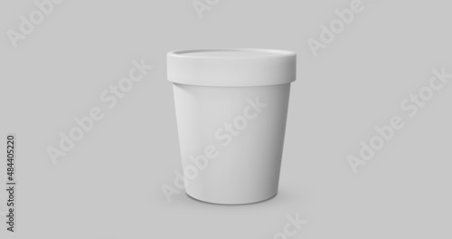 3D white and black round container for ice cream, cream or yogurt. Perspective view isolated on gray background. Packaging mockup image.