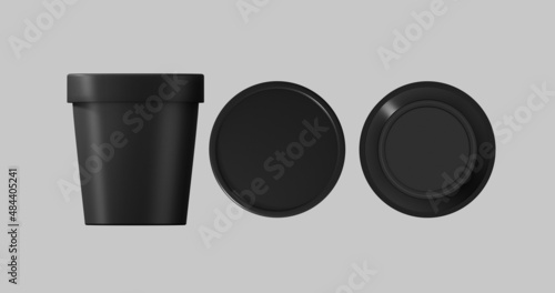3D white and black round container for ice cream, cream or yogurt. Perspective view isolated on gray background. Packaging mockup image.