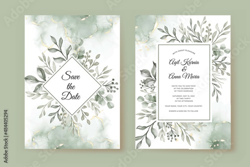wedding invitation template with greenery leaves