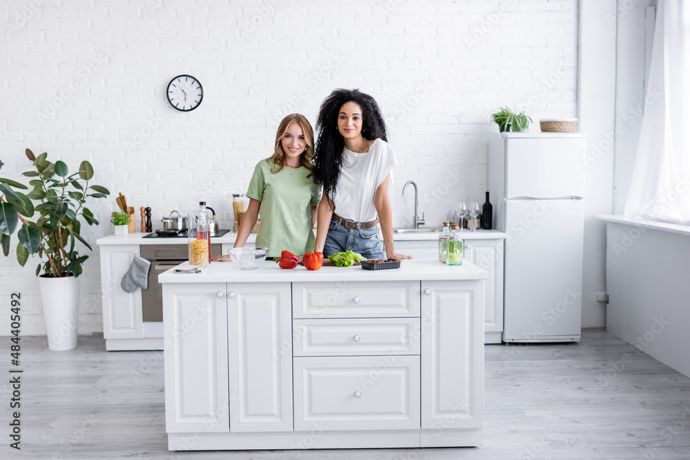 happy multiethnic lesbian couple standing together in modern kitchen. happy multiethnic lesbian couple standing together in modern kitchen.