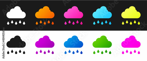Set Cloud with rain icon isolated on black and white background. Rain cloud precipitation with rain drops. Vector