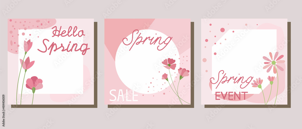 Set of spring floral vector template. Square spring sale, event, promotion frame collection. vector template for spring event. Vector illustration.