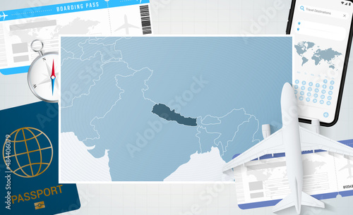 Journey to Nepal, illustration with a map of Nepal. Background with airplane, cell phone, passport, compass and tickets.