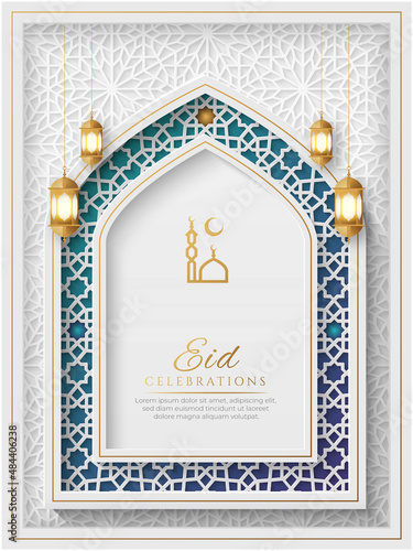 Eid Mubarak Colorful Luxury Islamic Background with Decorative Ornament Frame and Lanterns