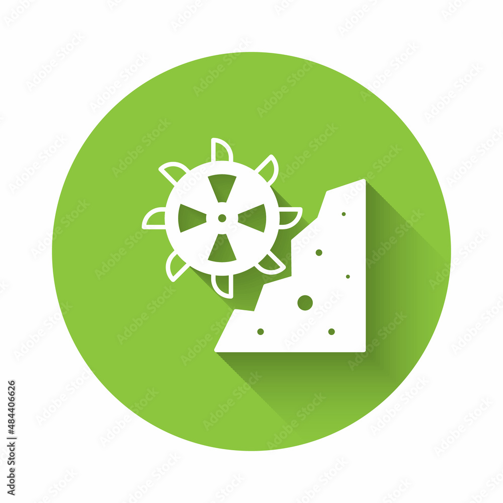 White Bucket wheel excavator icon isolated with long shadow background. Green circle button. Vector White Bucket wheel excavator icon isolated with long shadow background. Green circle button. Vector