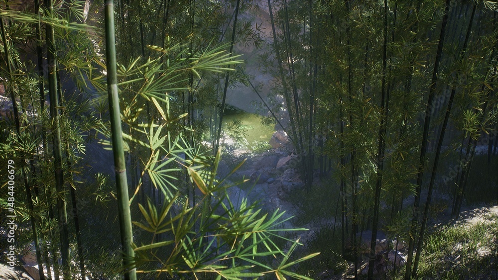 Tropical palm trees in a sunny jungle and a pond on a summer morning. Rays of light in green rainforest. 3D Rendering