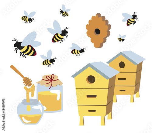 set of bees, glass jars of honey and various hives, a ladle for honey. Beekeeping, beekeeping equipment, cartoon objects isolated on a white background stock vector illustration.