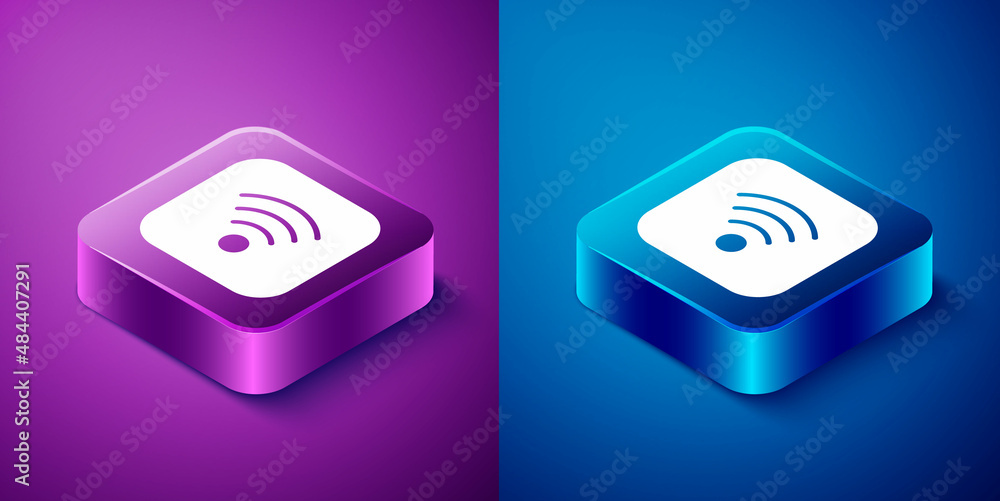 Isometric Wi-Fi wireless internet network symbol icon isolated on blue and purple background. Square button. Vector Isometric Wi-Fi wireless internet network symbol icon isolated on blue and purple background. Square button. Vector