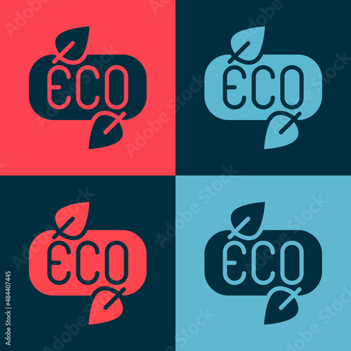 Pop art Leaf Eco symbol icon isolated on color background. Banner, label, tag, logo, sticker for eco green. Vector