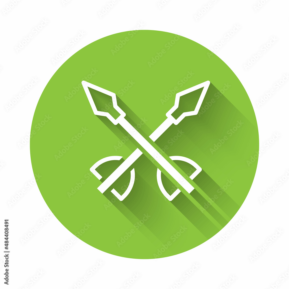 White Medieval arrows icon isolated with long shadow background. Medieval weapon. Green circle button. Vector White Medieval arrows icon isolated with long shadow background. Medieval weapon. Green circle button. Vector