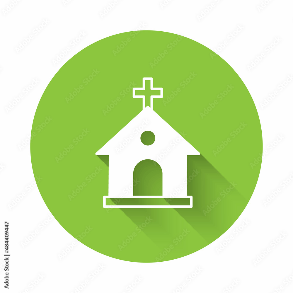 White Church building icon isolated with long shadow background. Christian Church. Religion of church. Green circle button. Vector White Church building icon isolated with long shadow background. Christian Church. Religion of church. Green circle button. Vector